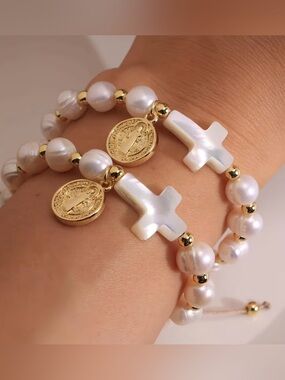 Gold and White Pearl Cross Charm Bracelet Set